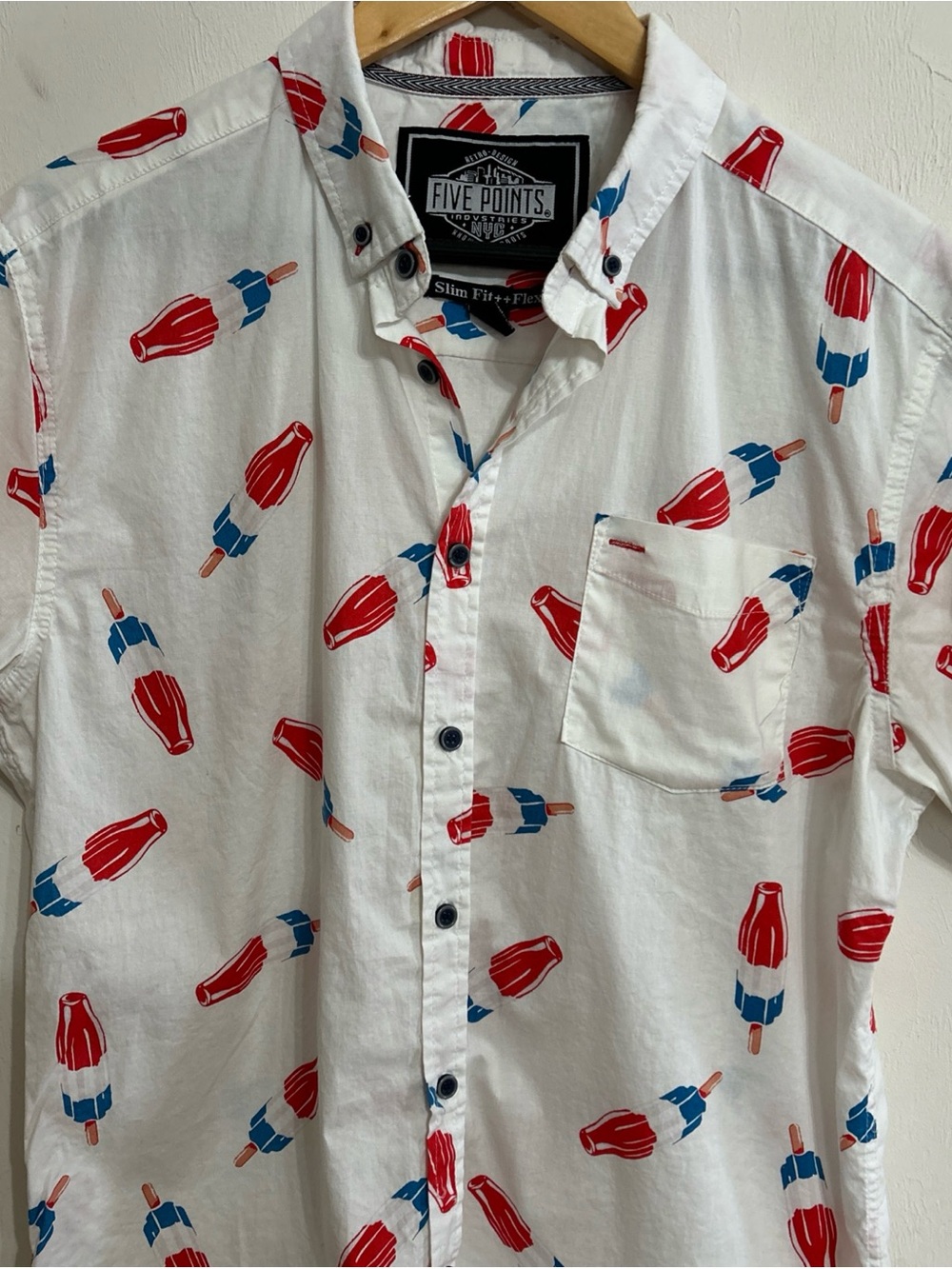 Five Points NYC Retro White Button-Down Shirt with Red & Blue Popsicle Print Med